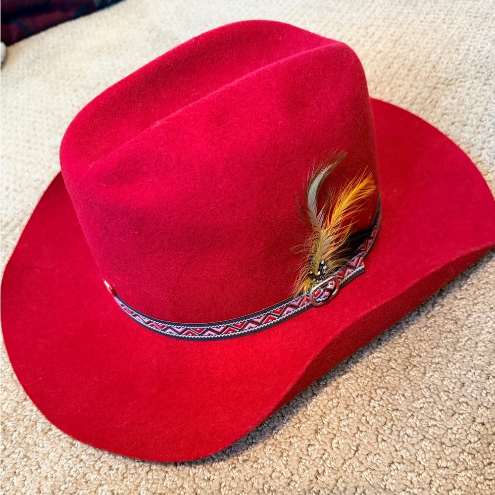 Vintage Amazing Red Western Cowboy Hat with Feather Accent
